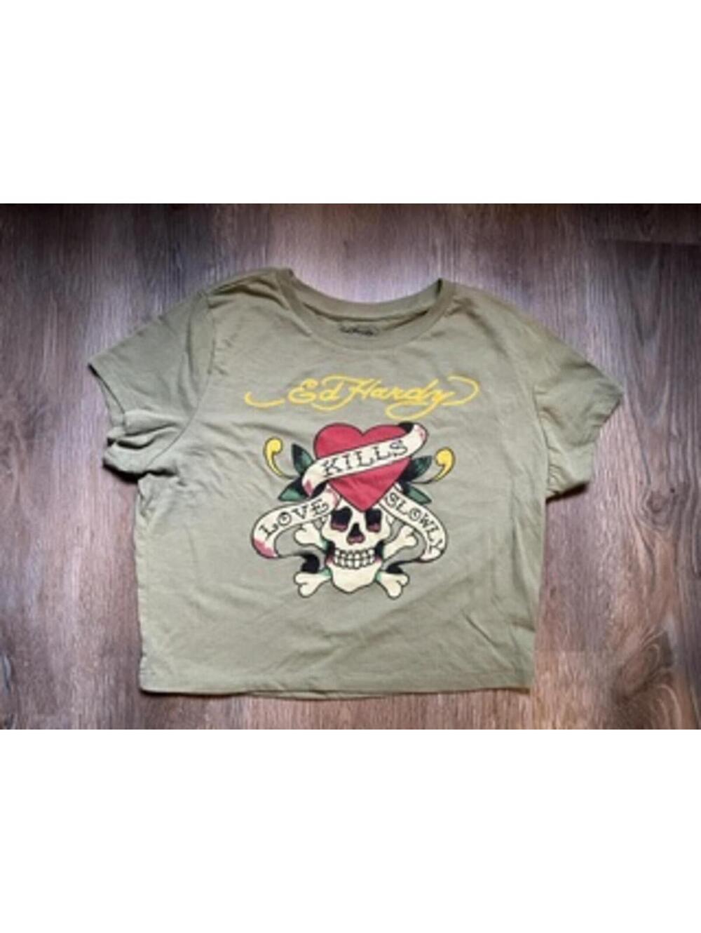 ED HARDY Skull & Heart Cropped T-Shirt in Light Olive Sz EXTRA LARGE